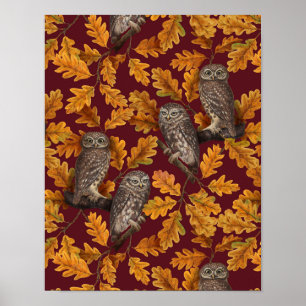 Poster Corujas de outono em vermelho escuro