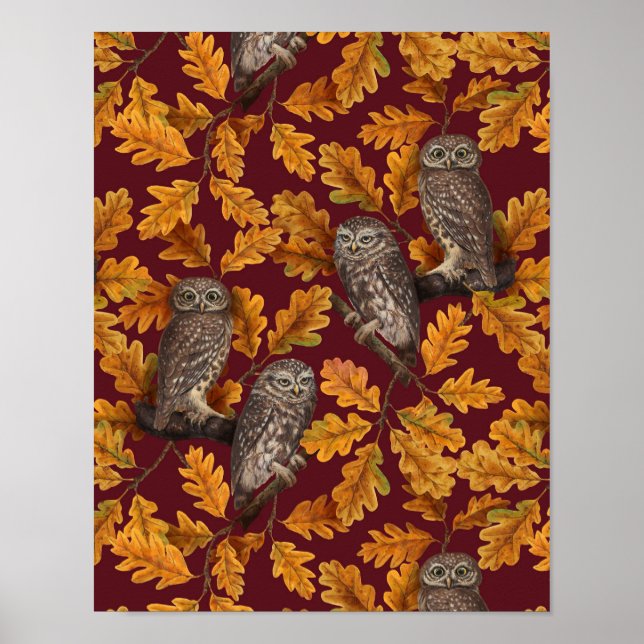 Poster Corujas de outono em vermelho escuro (Frente)