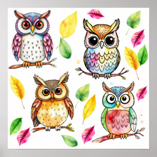 Poster Corujas e Folhas Coloridas da Floresta em Aquarela