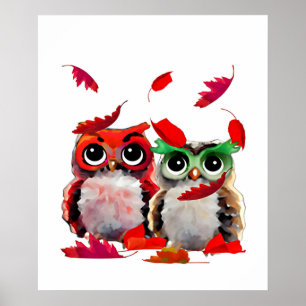 Poster Corujas e Folhas Vermelhas