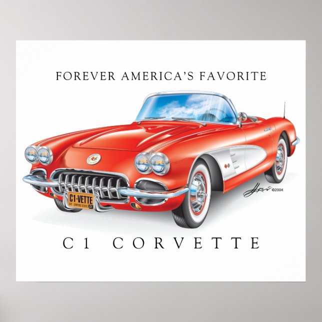 Poster Corvette C1 Ilustração Elegante Vermelho (Frente)