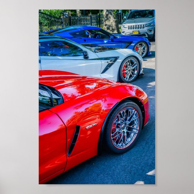 Poster Corvette Chevrolet C7 Vermelho Branco e Azul (Frente)