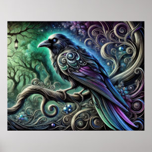 Poster Corvo com Penas Iridescentes na Floresta Encantada