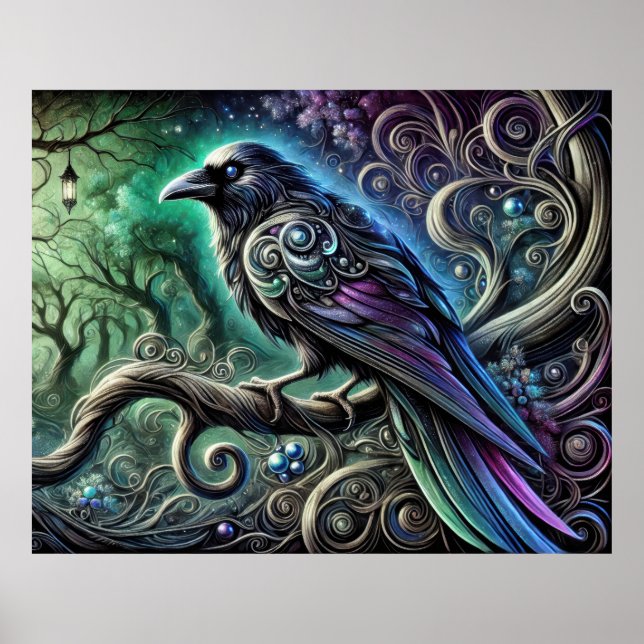 Poster Corvo com Penas Iridescentes na Floresta Encantada (Frente)