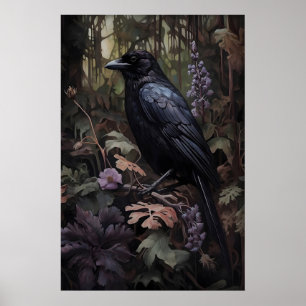 Poster Corvo Mal-humorado em Floresta Floral Impressa, Da
