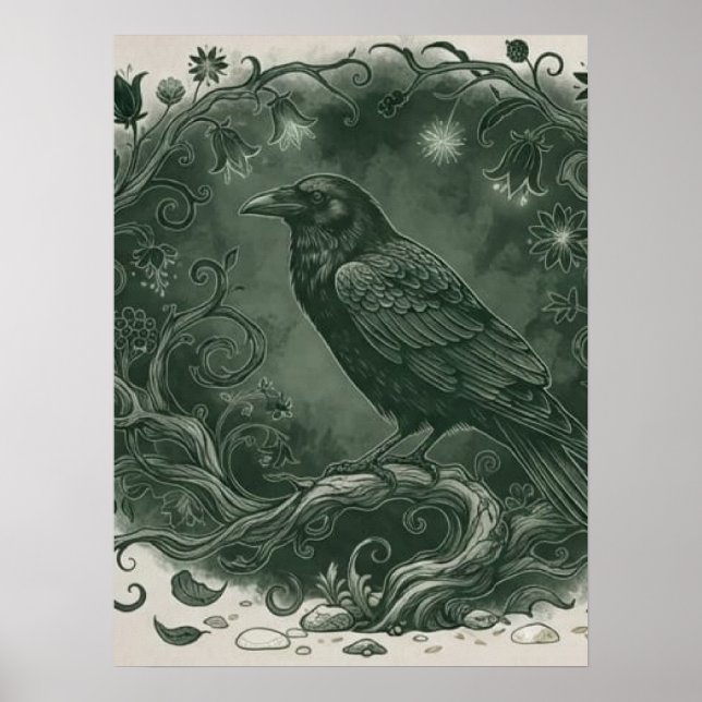 Poster Corvo Místico Gótico e Floresta Encantada (Frente)