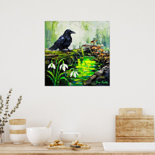 Poster Corvo Preto e Pintura a Óleo do Rio da Floresta Br
