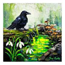 Corvo Preto e Pintura a Óleo do Rio da Floresta Br