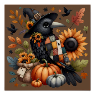 Póster Corvo Whimsic com Abóboras e Girassóis