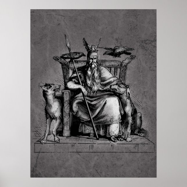 Poster Corvos de Odin em seu trono de pedra mitologia vik (Frente)