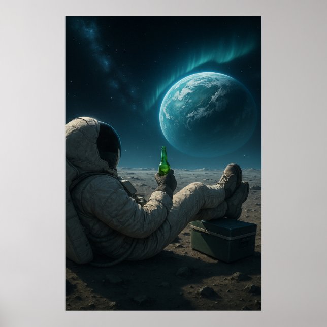 Poster Cosmic Chill — Relaxing Astronaut with Planet View (Frente)