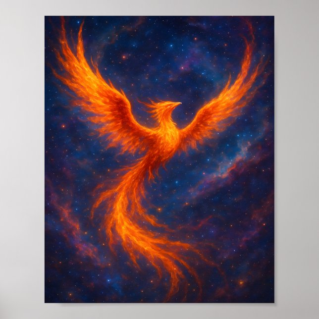 Poster Cosmic Phoenix Rising Fire Bird in Nebula Fantasy  (Frente)