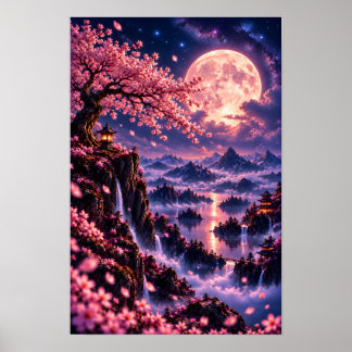 Poster Cosmic Sakura: Flores de Lua Fantasia Arte Espacia
