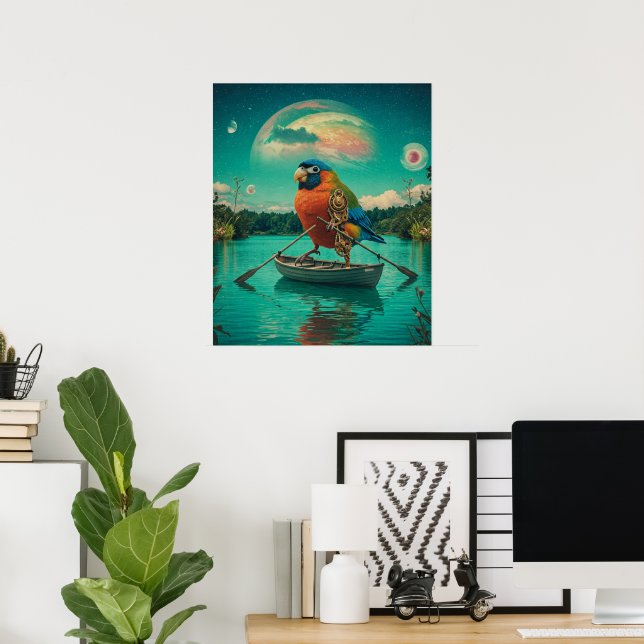 Poster Cósmico do Lago Surreal de Ave Steampunk (Escritório em casa)