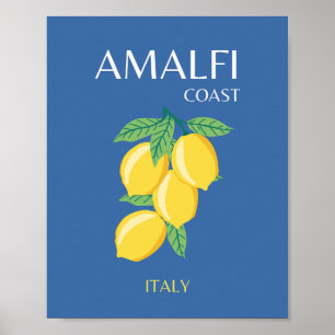 Poster Costa Amalfi, Itália, Viagem Art, Retro, Azul