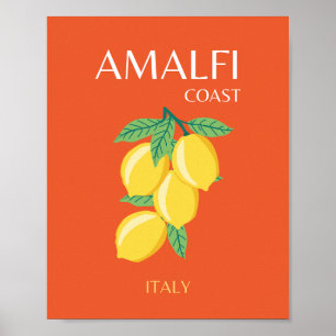 Poster Costa Amalfi, Itália, Viagem Art, Retro, Laranja