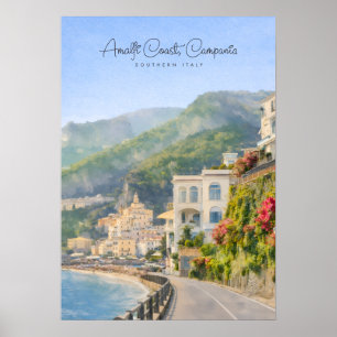 Poster Costa Amalfitana Aquarela Lembrança Romântica de V