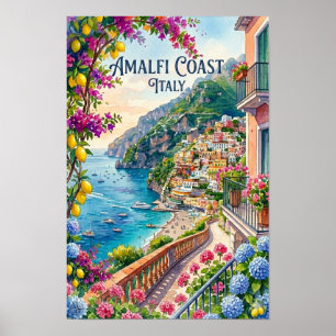 Poster Costa Amalfitana Itália Aquarela Viagem Tropical