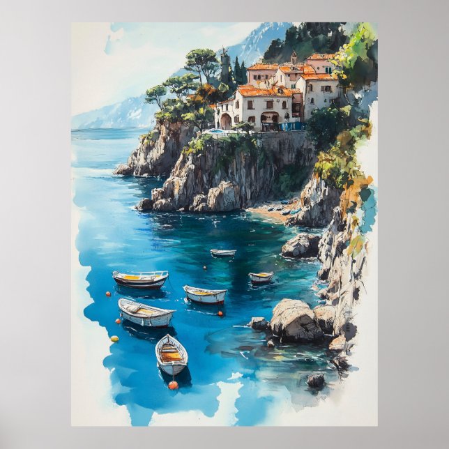 Poster Costa de Dreamy Amalfi: Design de pintura por aqua (Frente)