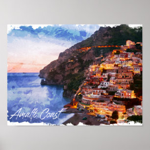 Poster Costa do Amalfi Itália Watercolor Coastline Posita