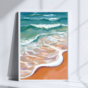 Poster Costa do Oceano Ondas Azul Aqua Praia Aquarela