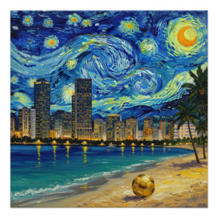 Póster Costa Dourada de Miami Futebol Elegante e Arte Fin