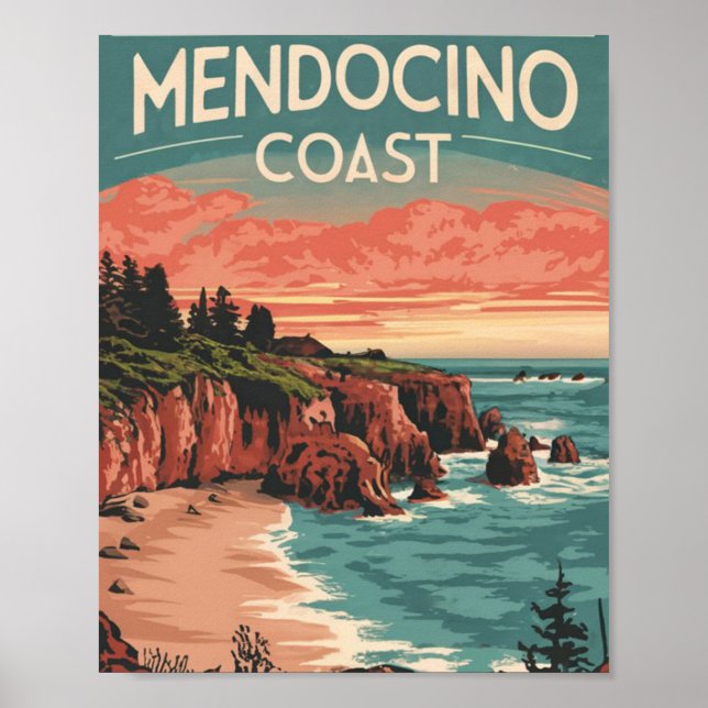 Poster Costa Mendocino, California Retro Watercolor (Frente)