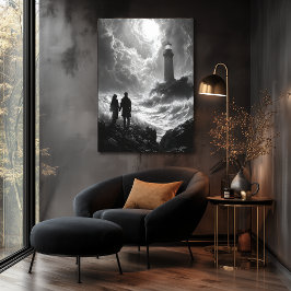 Poster Costa Romântica e Tempestuosa com Farol - Carvão