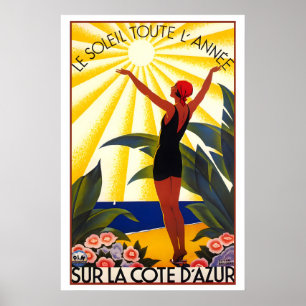 Poster Côte d'Azur Cartaz de Viagem Vintage Riviera Franc