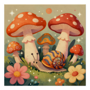 Póster Cottage Core Caracol e Cogumelos