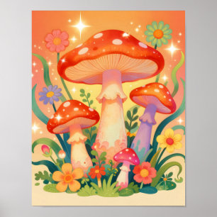 Poster Cottage Core Cogumelos e Flores