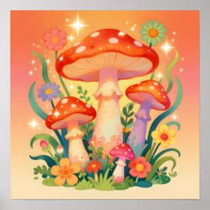 Poster Cottage Core Cogumelos e Flores