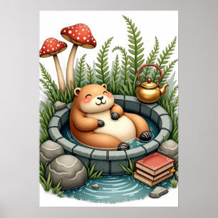 Poster Cottagecore Capivara Fonte Termal Cogumelo Leitura