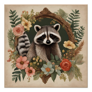 Póster Cottagecore Cute Raccoon