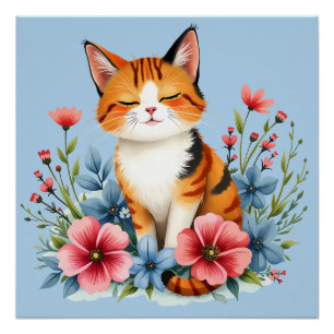 Póster Cottagecore Floral Cat Serene Felina Botânica