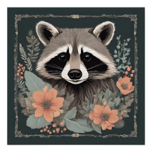 Póster Cottagecore Mapache Fofo