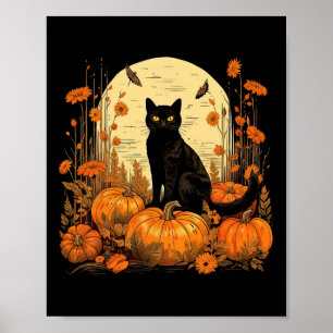 Poster Cottagecore Preto Floral Pumpkins outono outono