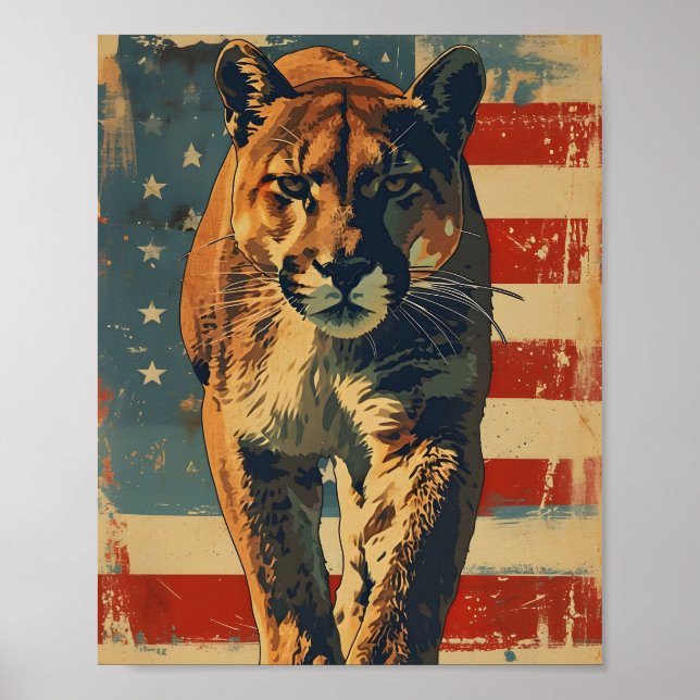 Poster Cougar Mountain lion american flag vintage (Frente)