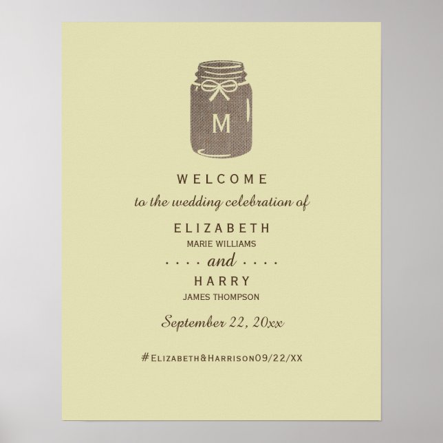 Poster Country Burlap Mason Jar Wedding Welcome (Frente)