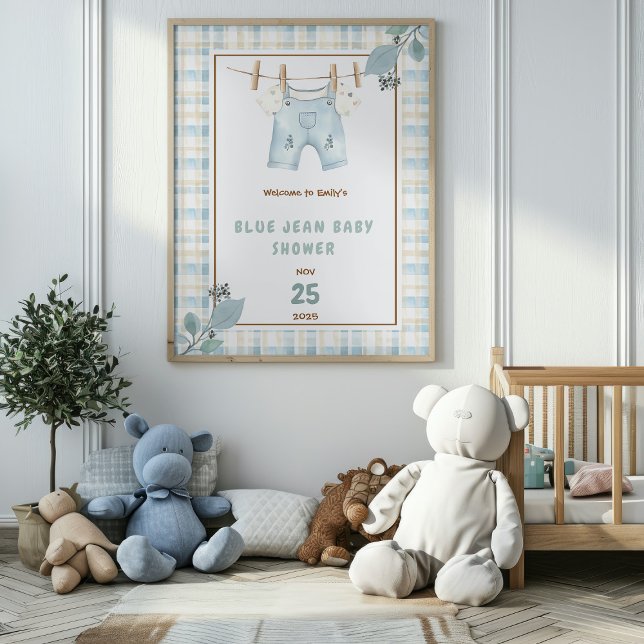 Póster Country Gingham Blue Jean Chá de fraldas Bem-vindo (Criador carregado)