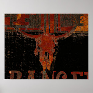 Poster Country Western Bull Skull Rust Script Vintage