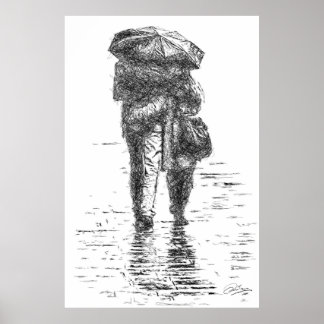 Poster Couple walking in the rain