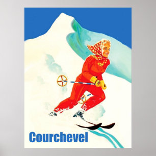 Poster Courchevel, mulher na pista de esqui, França, Vint