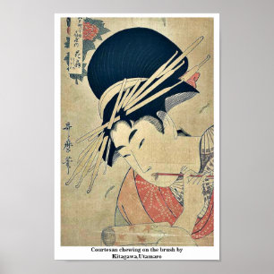 Póster Courtesan que mastiga na escova por Kitagawa,