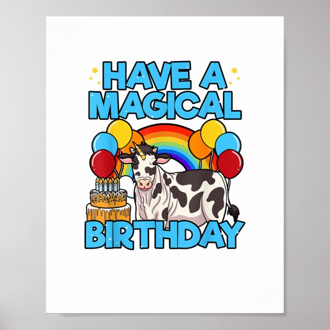 Poster Cow Birthday, Partido Tema do Arco-Íris Mágico Cat (Frente)