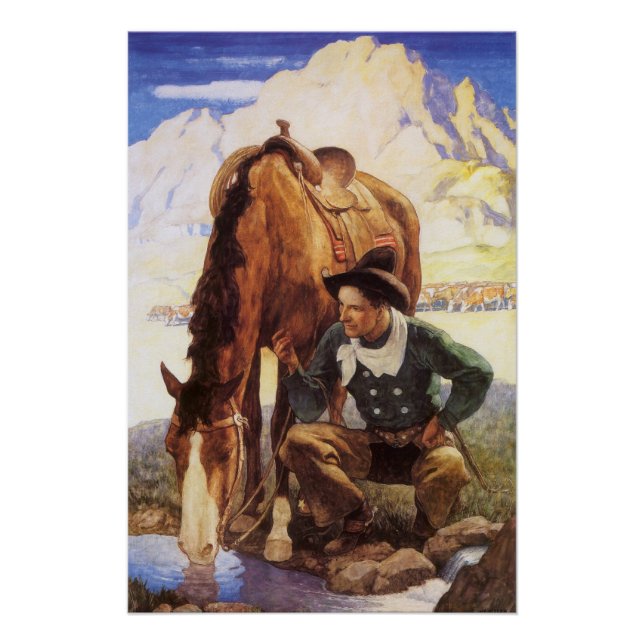Póster Cowboy Cuidando de Seu Cavalo pelo NC Wyeth, Vinta (Frente)