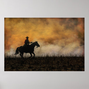Poster Cowboy dirigindo a linha de fogo de uma fogueira d