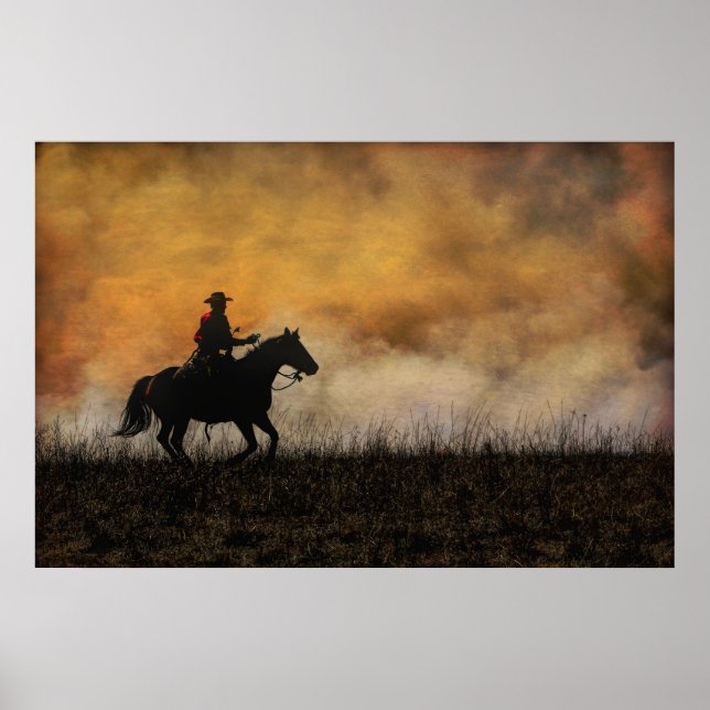 Poster Cowboy dirigindo a linha de fogo de uma fogueira d (Frente)