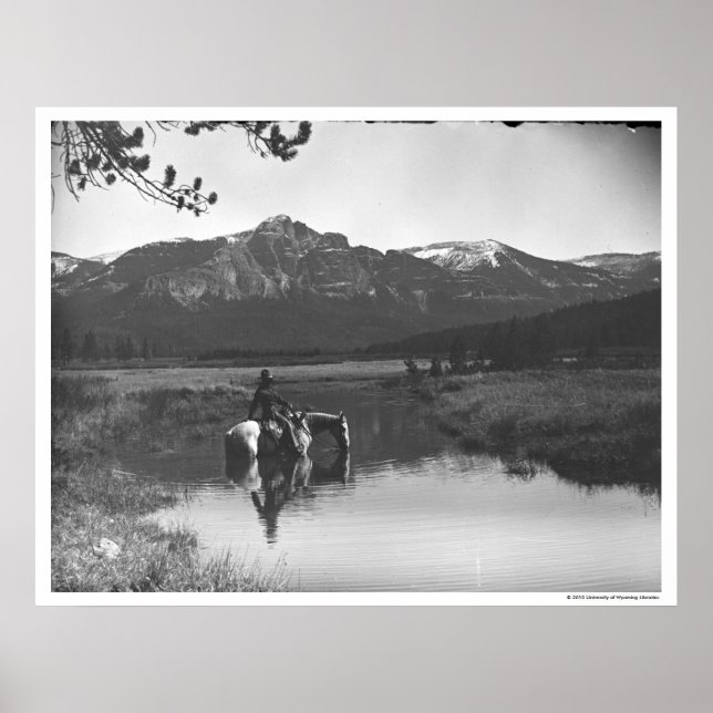 Póster Cowboy e cavalo em um lago (Frente)