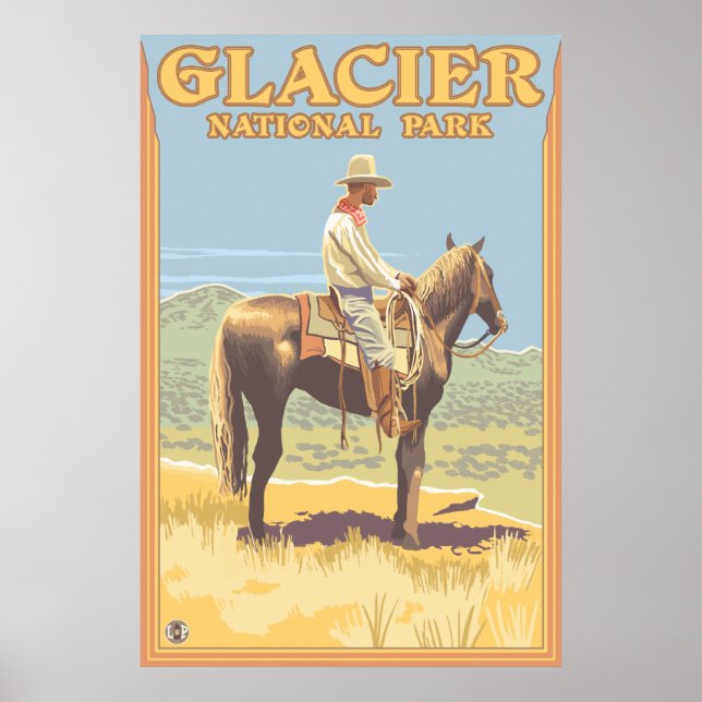 Póster Cowboy em Horseback - Parque Nacional do Glacier,  (Frente)